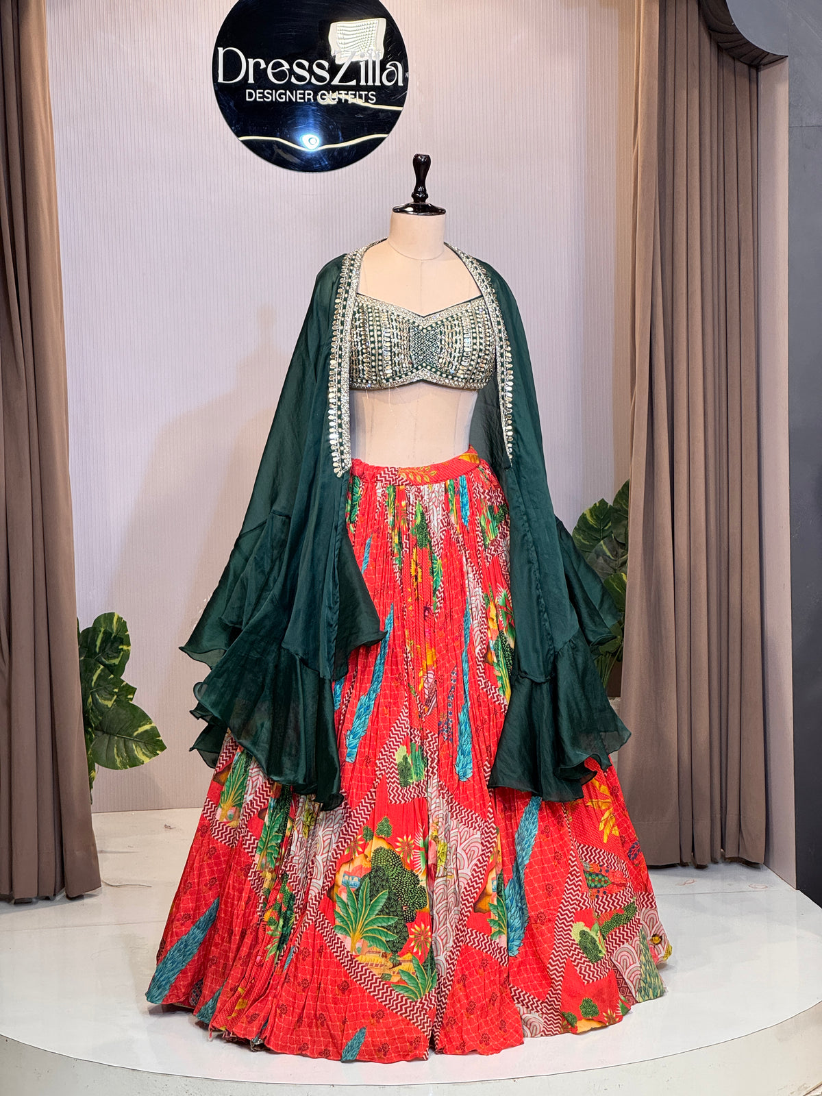 GREEN ORANGE SHRUG LEHNGA