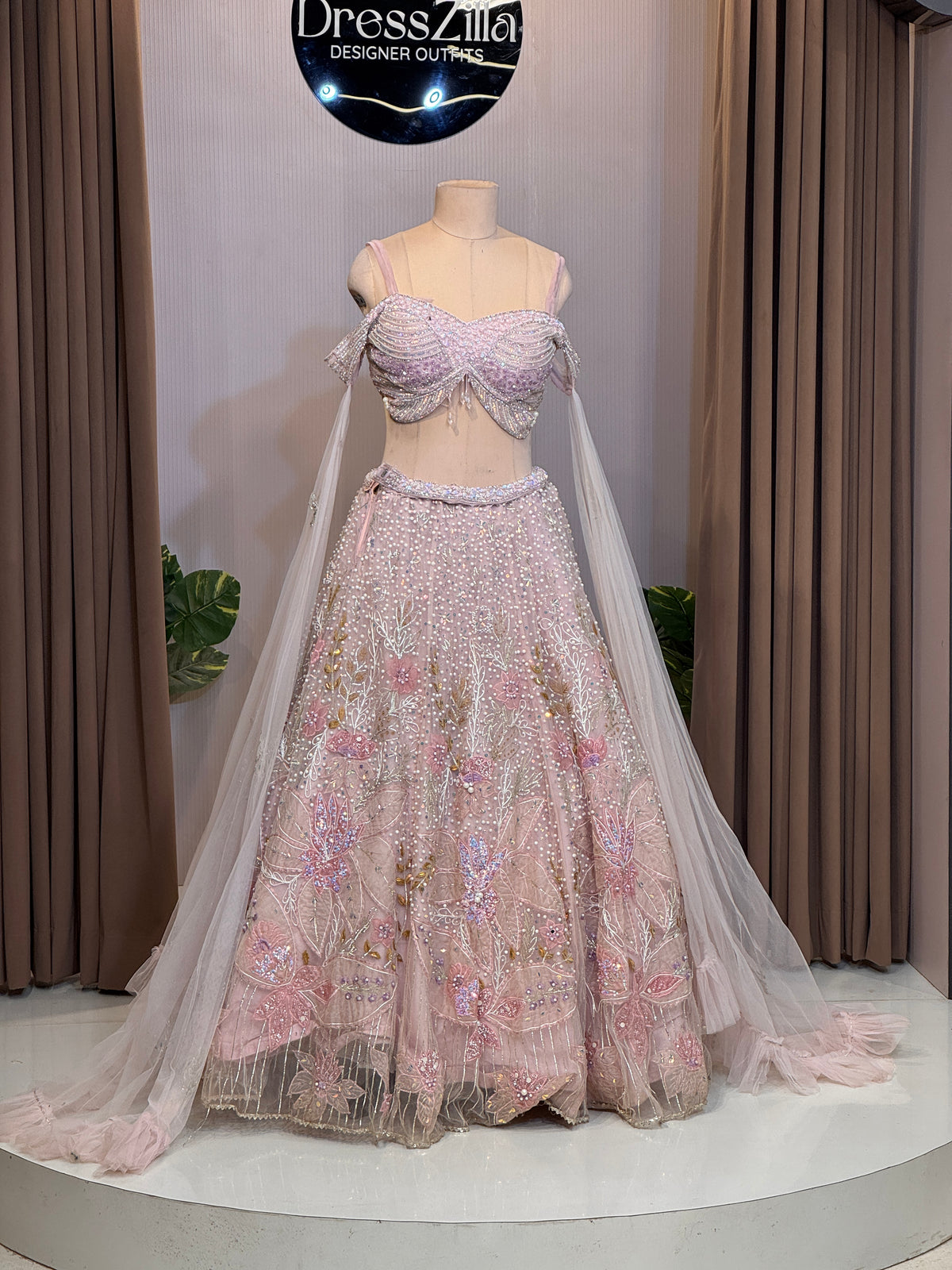 PINK PEARLY DOUBLE FRILL LEHNGA