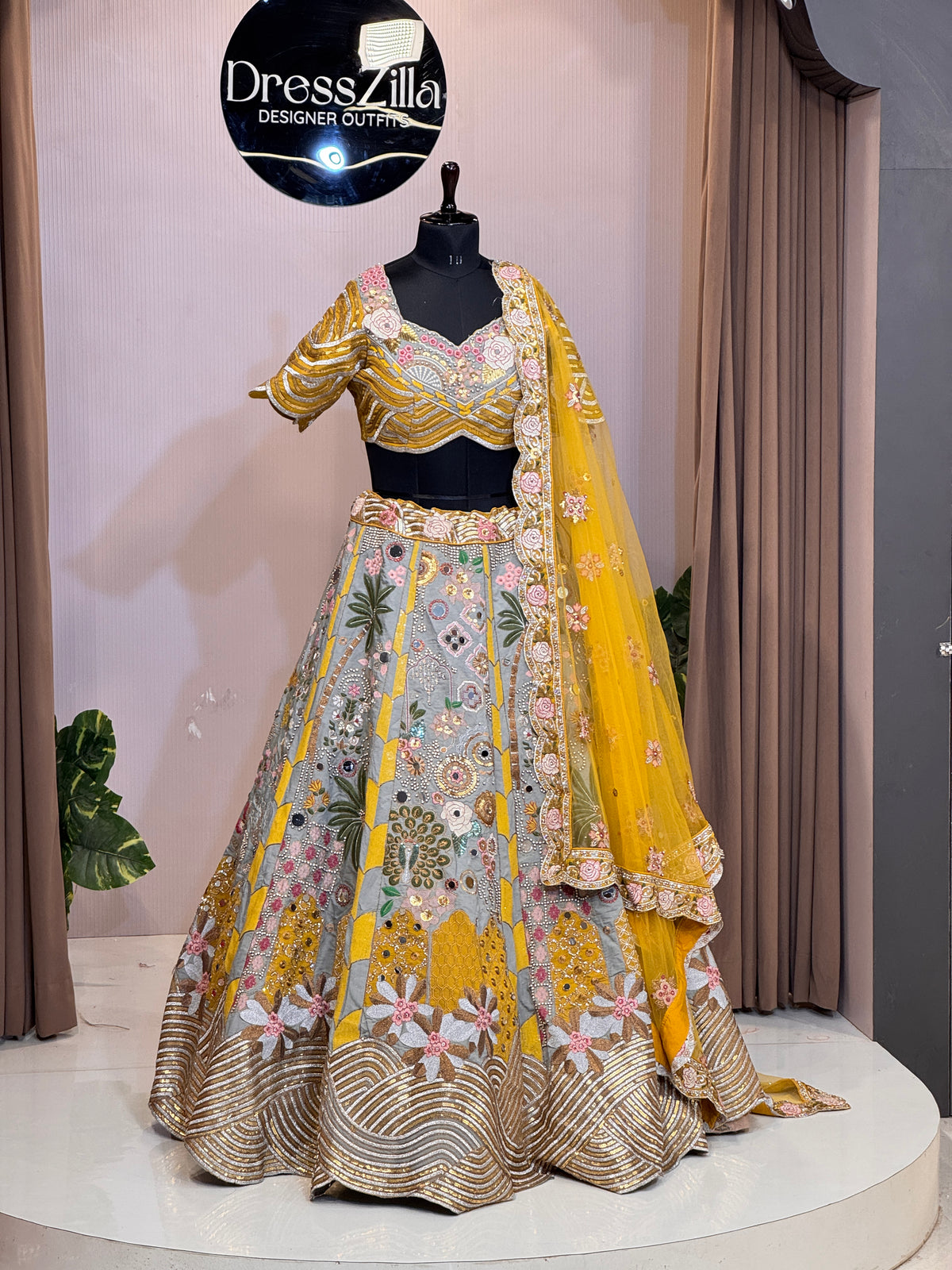 Grey Yellow Silk Lehenga