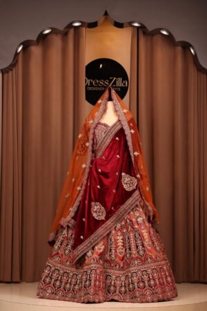 ORANGE MEHROON VELVET BRIDAL LEHNGA