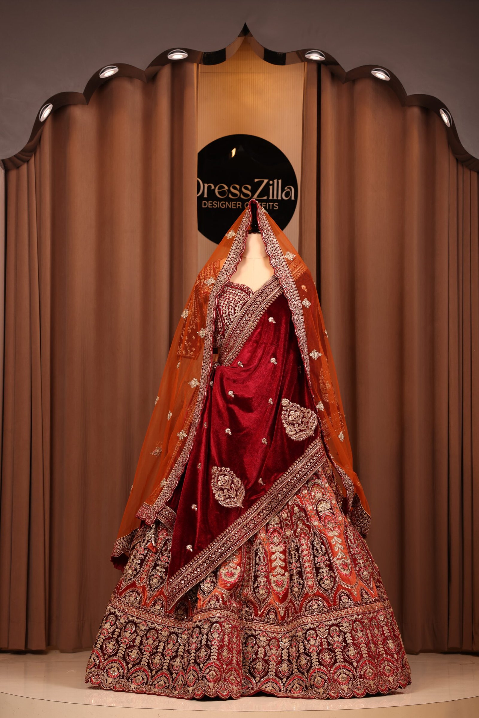 ORANGE MEHROON VELVET BRIDAL LEHNGA