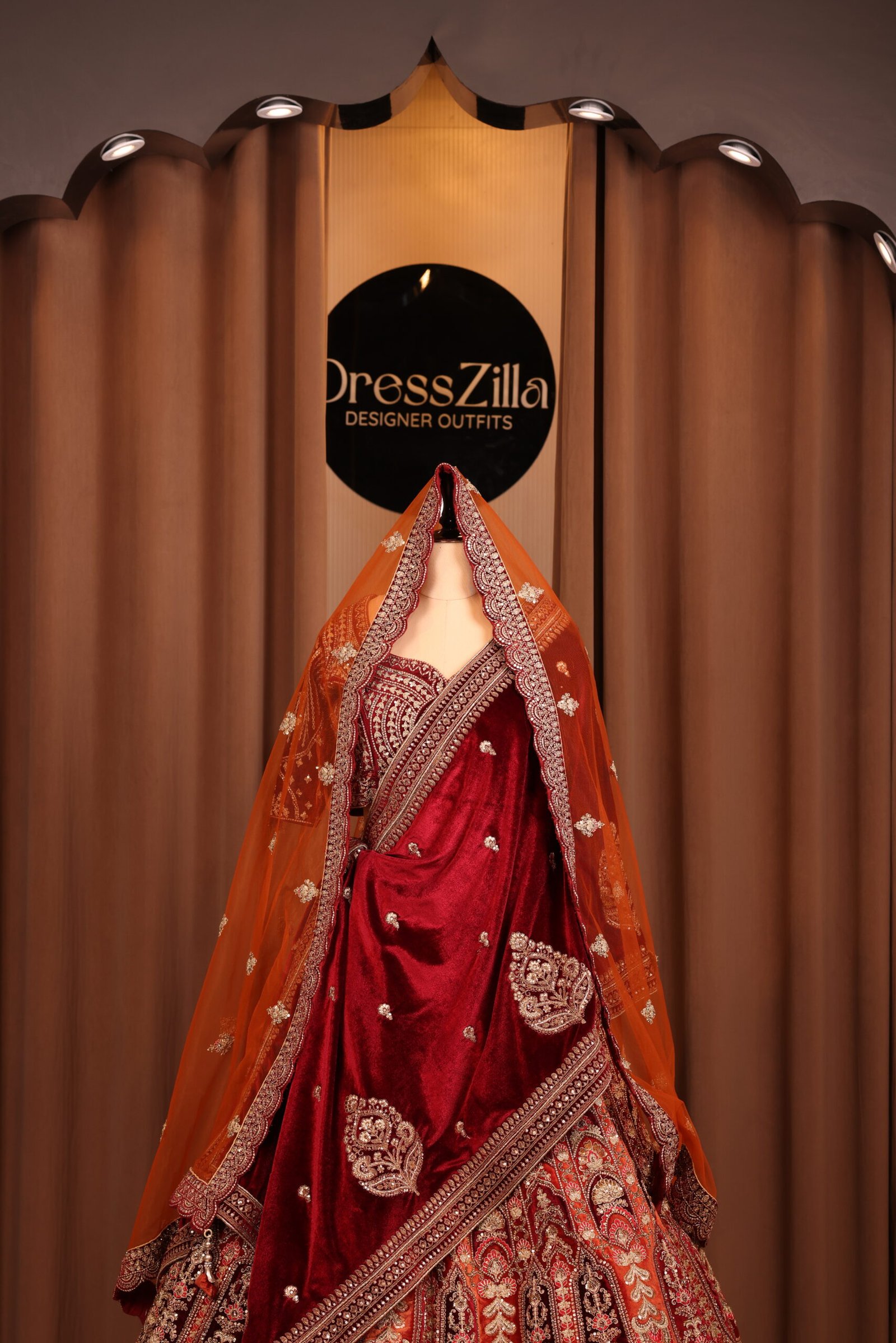 ORANGE MEHROON VELVET BRIDAL LEHNGA - Image 2